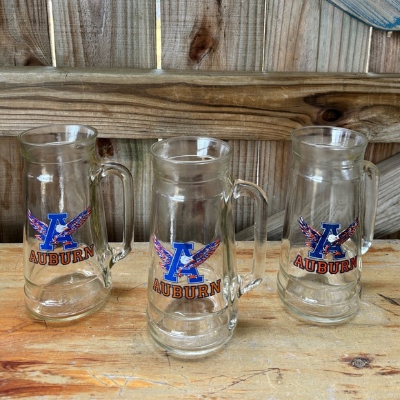 Set of 3 Vintage AU Auburn University 20oz Clear Glass Beer Stein Mugs - Picture 1 of 8